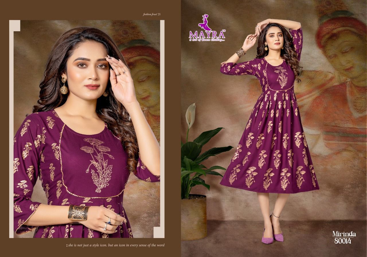 Mayra Mirinda Rayon Printed Ethnic Wear Anarakli Kurti Collection